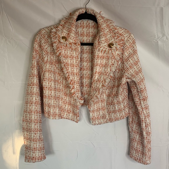 Glamaker Orange White Cropped Woven Fringe Blazer Gold Buttons - Picture 1 of 7